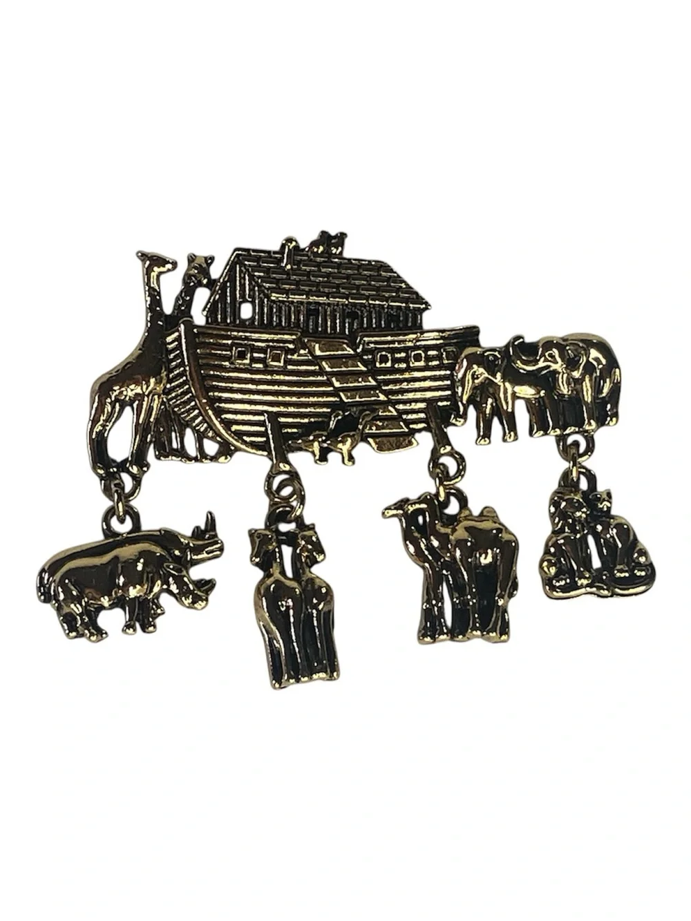 New Noah’s Ark Brooch Gold Tone With Elephants Rhinos Lions Horses Giraffes